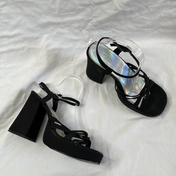 Y2k Vintage Splash Black Open-Toe Strappy Platform Block Heels - Picture 3 of 11
